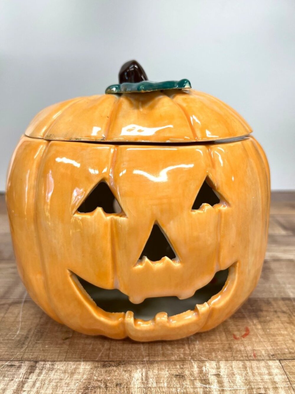 Ceramic Pumpkin Jack-O-Lantern Candle Holder With Lid Hand-Painted Orange & Brow